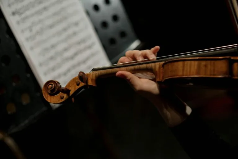 Lyrical Orchestra, main d’un violoniste jouant un morceau classique avec une partition en arrière-plan.